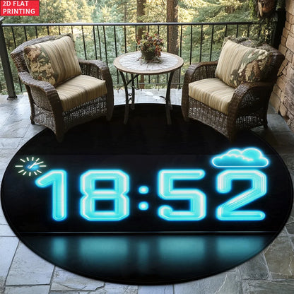 1pc Digital Clock Design Round Rug for Modern Living Room Decor 2D Flat Printed Floor Mat Non-Slip Home Decoration