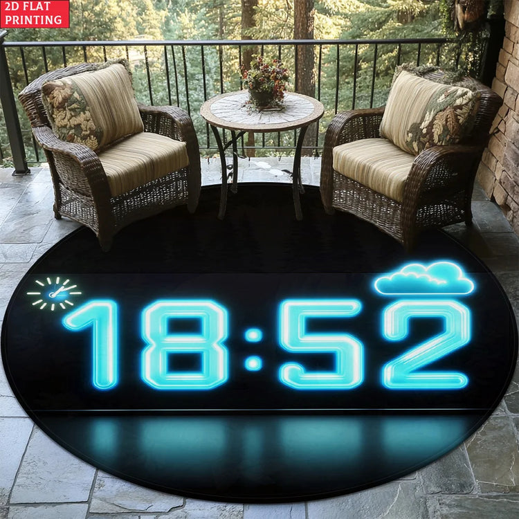 1pc Digital Clock Design Round Rug for Modern Living Room Decor 2D Flat Printed Floor Mat Non-Slip Home Decoration