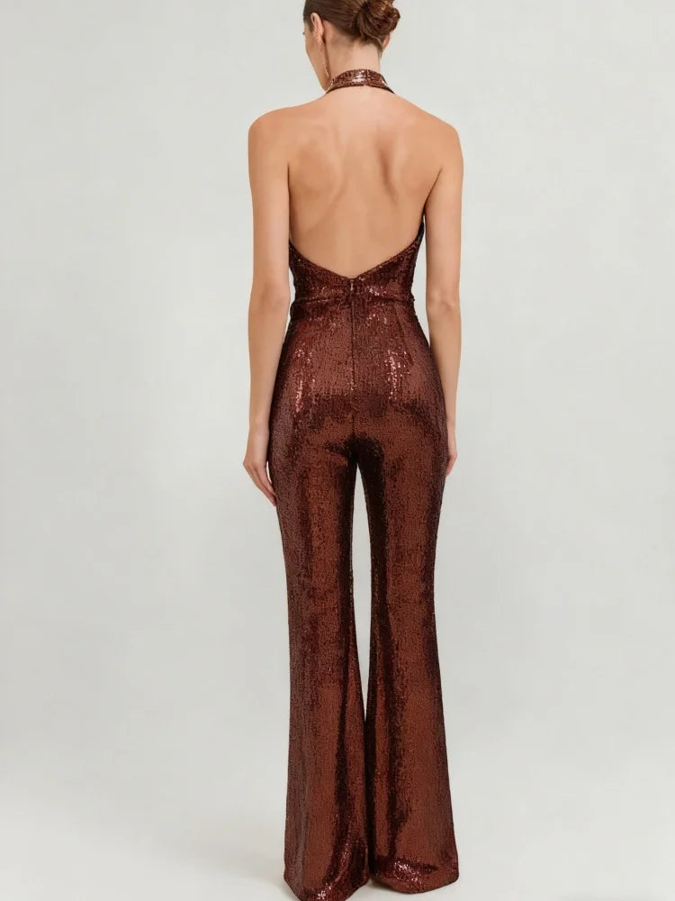 VC Gold Elegant Jumpsuits For Woman Luxury Brown Sequins Design Fashion Party Sexy Backless Sleeveless One Piece Female Clothing