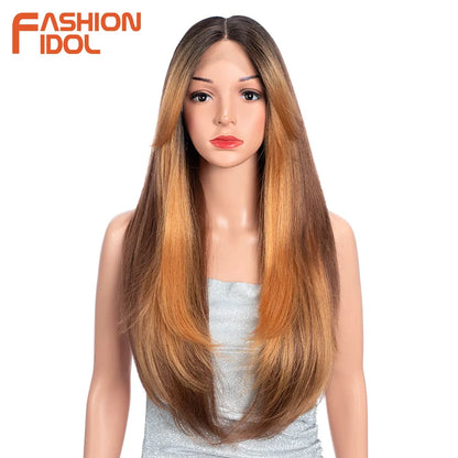 FASHION IDOL 26inch/65cm Straight Hair Lace Front Wigs Synthetic Hair Ombre Blonde Brown Hair Wigs Cosplay Heat Resistant Fiber