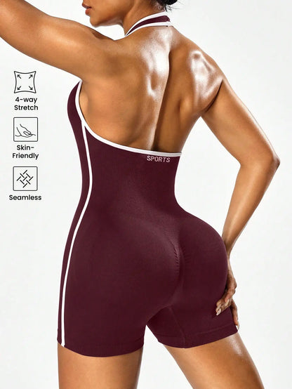 Women's Backless Color-Block Cross-Body Fitness Jumpsuit – Stretchy Yoga One-Piece Outerwear Ideal for Workout, Training & Daily