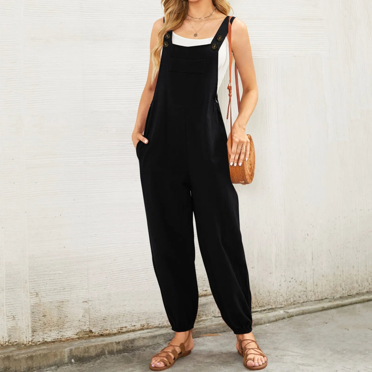 Women'S Sleeveless Overalls Jumpsuit Casual Solid Color Summer Wide Leg Bib Pants Bottons Jumpsuits Rompers With Pockets