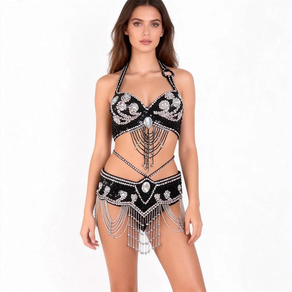 THEEPER Women Belly Dance Costume 2Pcs Set, Hand Beaded Halter Bra Adjustable Waist Belt Rhinestone Tassel Oriental Dance Outfit