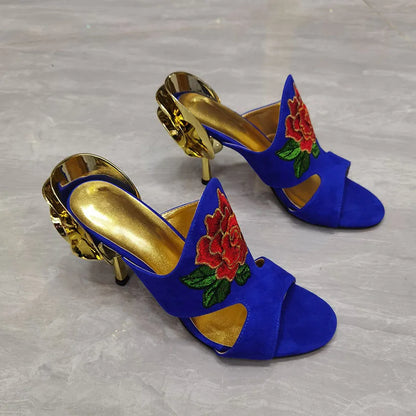 Luxury Flower Sandals Woman Open Toe Gold Strange High Heel Shoes Lady Sexy Mules Slippers