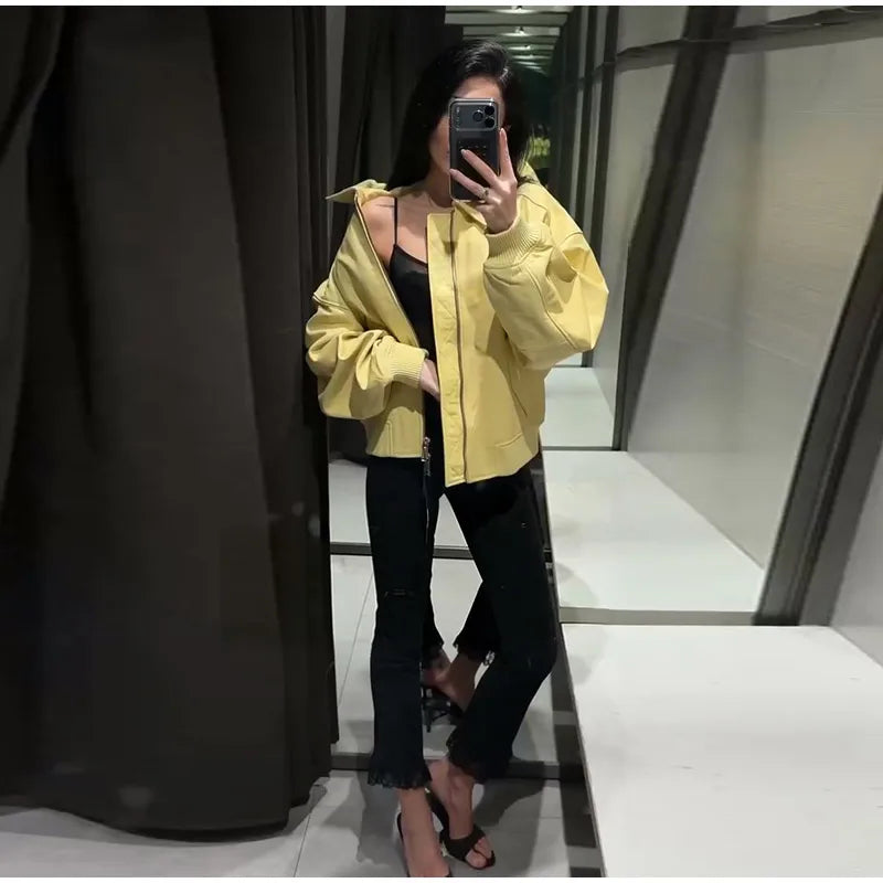 Faux Leather Bomber Jacket Oversized Collared Long Sleeve 2026 Spring Edgy Women Faux Leather Coat Fashion  Bold Lady Outerwear