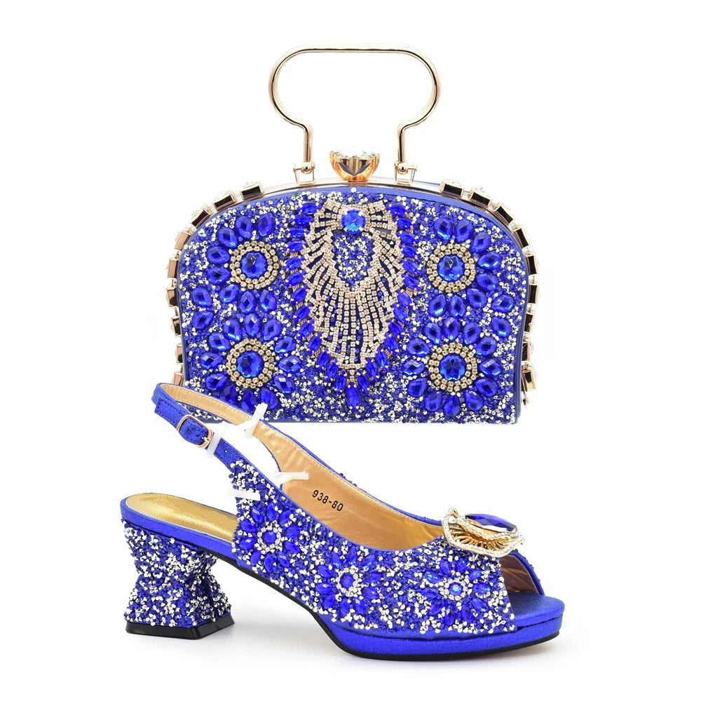 Italian Shoes and Bags Matching Set with Rhinestone Nigerian Women Shoes and Bag Set with Appliques Full Crystal for Dress