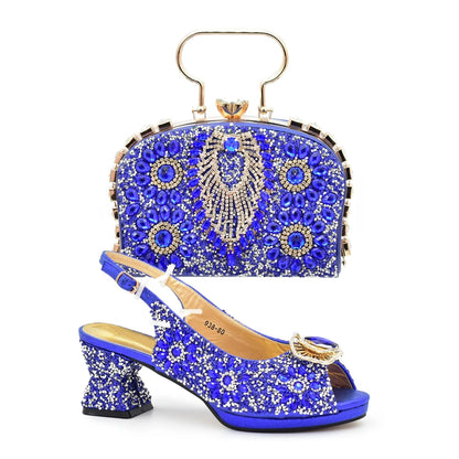 Italian Shoes and Bags Matching Set with Rhinestone Nigerian Women Shoes and Bag Set with Appliques Full Crystal for Dress