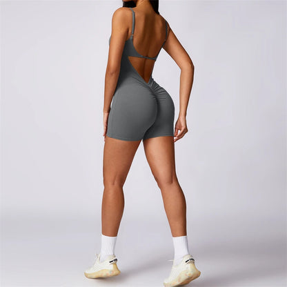 One-Pieces Fitness Overalls Women's Gym Jumpsuits with Shorts Scrunch Butt Sports Rompers High Elastic Backless Workout Clothes