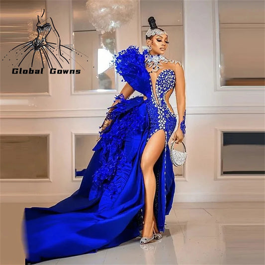 Evening Dresses Rhinestone Crystal Royal Blue Prom Gown Feather abendkleider robe de soirée Party Pageant Dress Split Customized