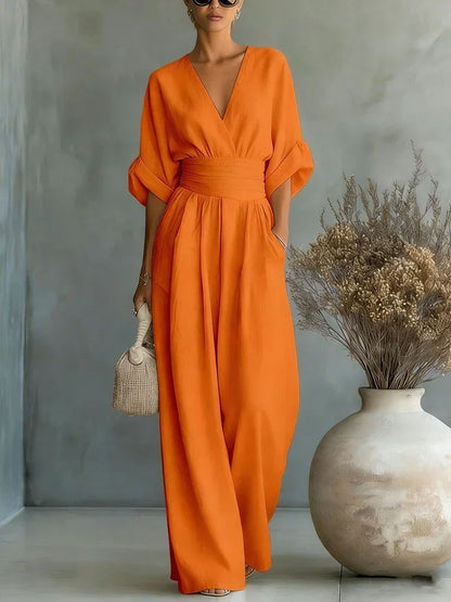 Women Elegant High Waist Jumpsuits Summer Short Sleeve Wide Leg Pants Romper Casual V Neck Solid Loose Jumpsuits Streetwear