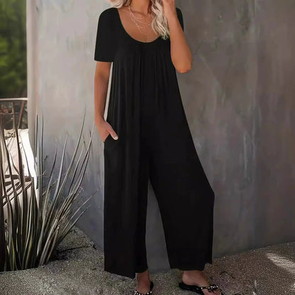 Plus Size 0XL-5XL Summer Rompers Overalls Women's Solid Color Jumpsuit with Pockets Casual Fashion Short Sleeve Jumpsuits