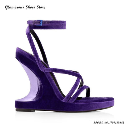 Strappy Velvet Wedges Sandals Women's Round Open Toe Wedges Party Evening Shoes Summer Fashion Buckle Strap Plus Size High Heels