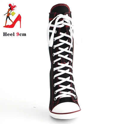 2024 Women Boots Design Stiletto High Heel Canvas Shoes Fashion Lady Lace up Pointed Ankle Shoes Sexy High-heeled Thin Heel Boot