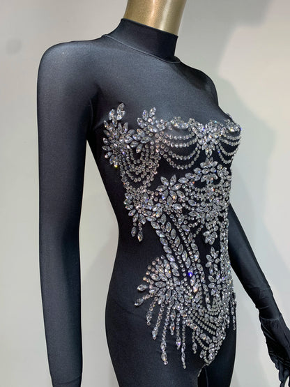 STOCK Sparkling Rhinestone Stretch Jumpsuit Women Sexy Club Evening Party Wear Drag Queen Singer Dancer Stage Perform Costume