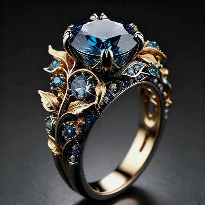 Gold Color Leaf Shaped Inlaid Blue Synthetic Zirconia Ring Suitable for Women's Banquets Engagements Jewelry Accessories Gifts