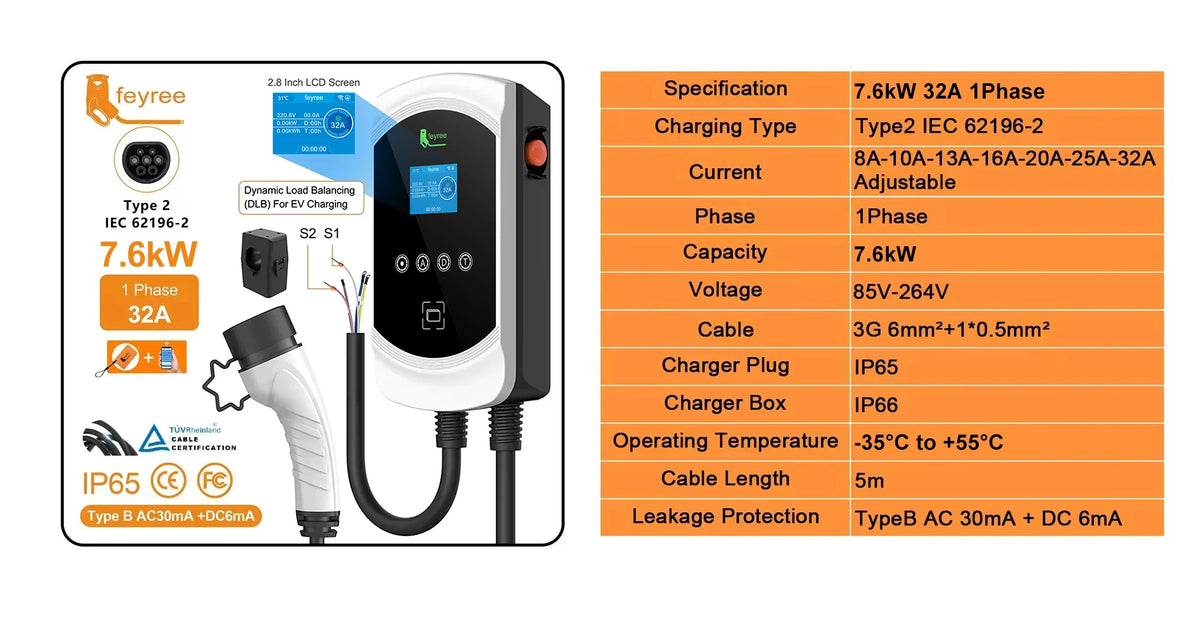 Feyree EV Charger Type2 Cable 32A 7.6kW Dynamic Load Balancing EVSE Wallbox APP Function 11kW 22kW Charging Station Electric Car