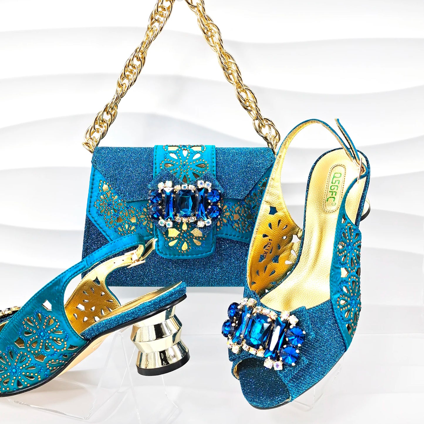 New Lady Style Shoes and Bag Set Round Heels Nigerian Fashion Diamond Decorated Women's High Heels Bag 5.5cm