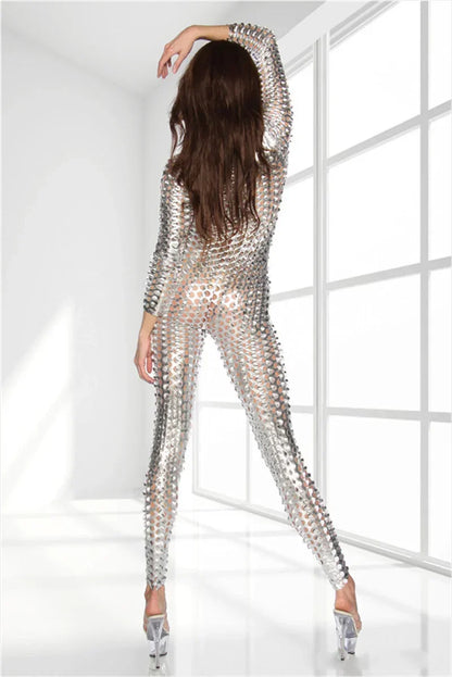 Sexy Hollow Out Patent Leather Jumpsuit Pencil Pants Women Front Zipper Slim Long Sleeve Rompers Female Nightclub Hip Wrap Wear