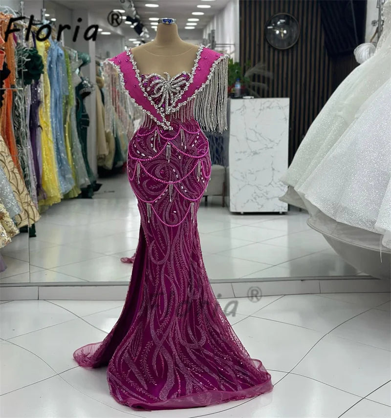 Floria Elegant Fushia Mermaid Evening Party Dress Sparkly Tassel Crystal Woman Formal Dresses Prom Gala vestido noche Customized