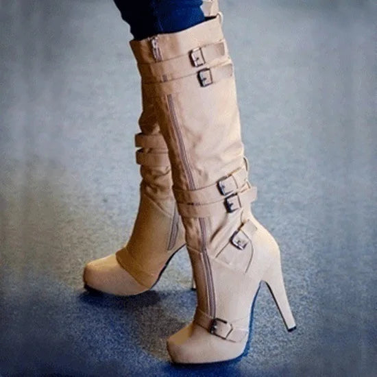 Fashion Women's Boots Knee High Mature Fashion Boots 9CM Stiletto European and American Style Side Zipper Round Head Women Shoes