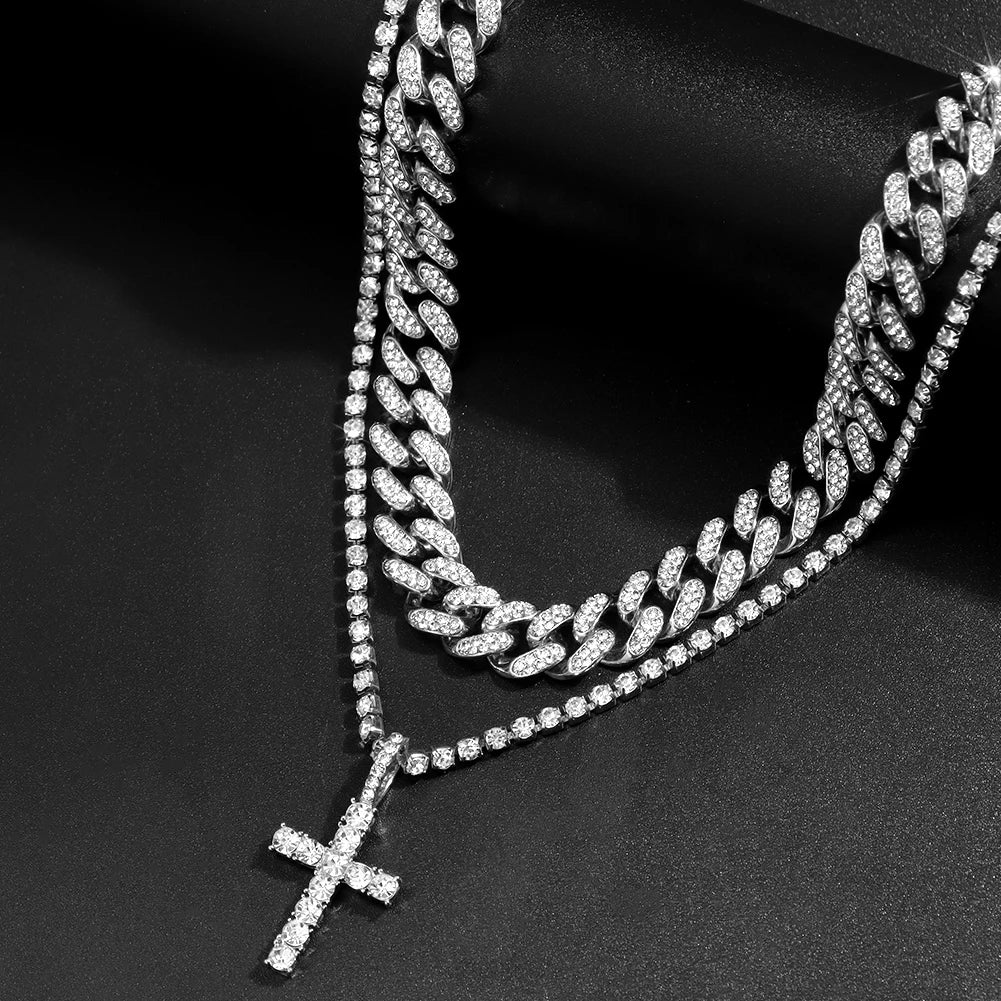 Hip Hop Diamond Cuban Link Chain Cross Necklace Men Women 2Pcs Bling Miami Cuban Chain Necklace Set Iced Out Chain Jewelry