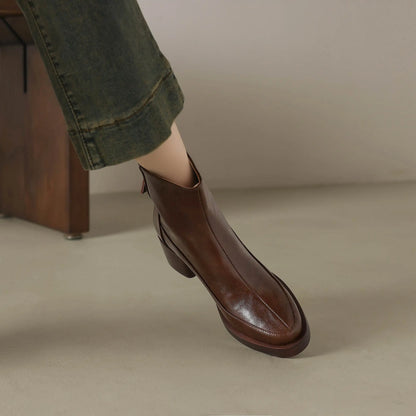 Plus Size 34-43 Cow Skin Round Toe Zipper High Heels Modern Motorcycles Boots Warm Winter Shoes Dating Retro Brand Ankle Boots
