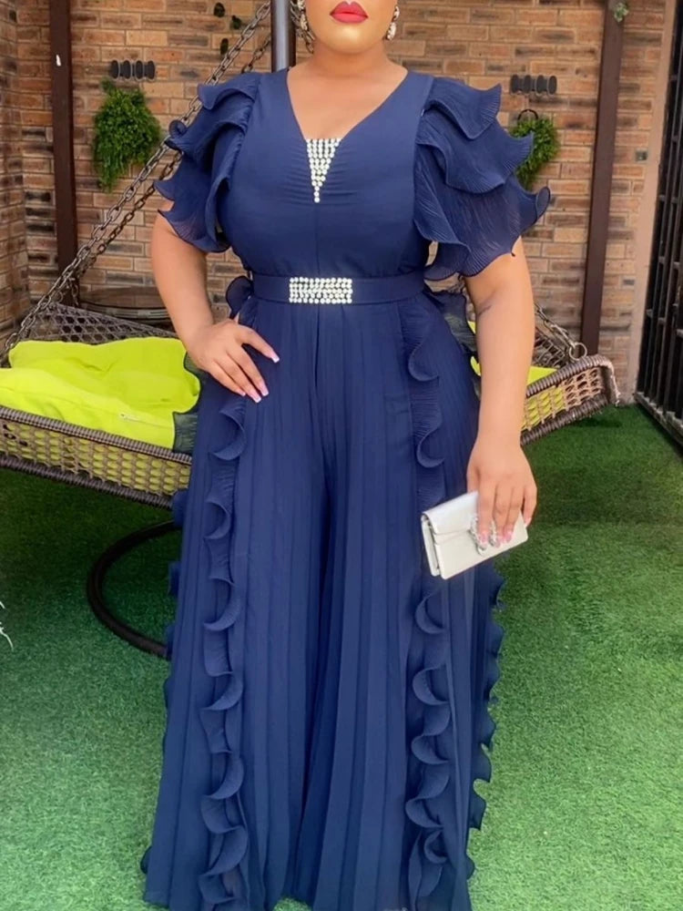 Elegant Women Wide Leg Pleated Jumpsuits V Neck Short Sleeve Ruffle Diamond Waist Belt Fashion African Female Evening Party Wear