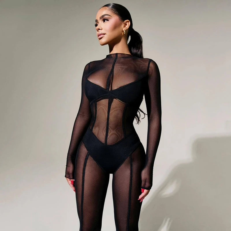 Hugcitar Mesh Long Sleeve Black Zip Up See Through Sheer Sexy Bodycon Jumpsuit 2025 Summer Women Romper Beach Festival Club Y2K