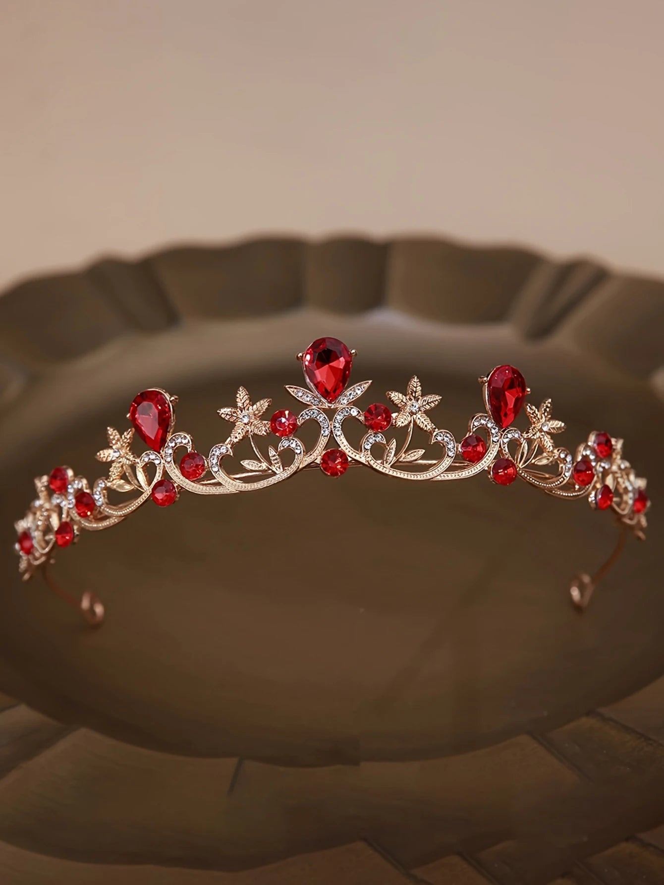 Golden Rose Gold Red Diamond Crown for Bridesmaid Headpiece Light Luxury Style Red Crystal Hairband. Wedding Dress, Formal Wear