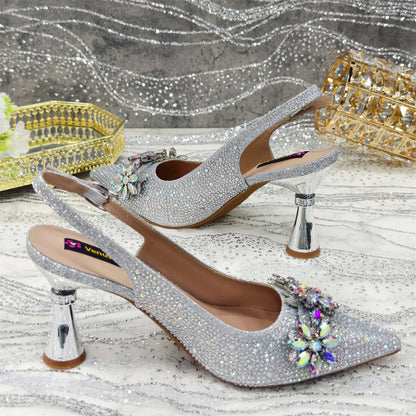 Venus Chan Olive-Green Pointed-Toe Women's High Heels Shoes and Bags for Party Rhinestone Evening Elegant Luxury Handbag