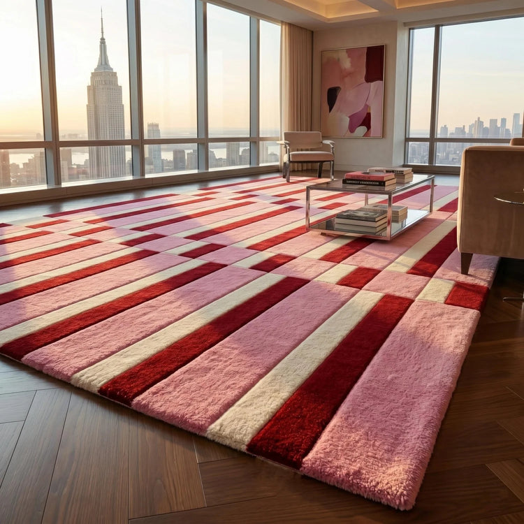 Room Decor Rug  H1andtufted Pink Red StR1iped Area Rugs Geometric Pattern Carpets Preppy Aesthetic Modern DE1cors Custom Tufted Wool Rugs Boho Living Room Arts