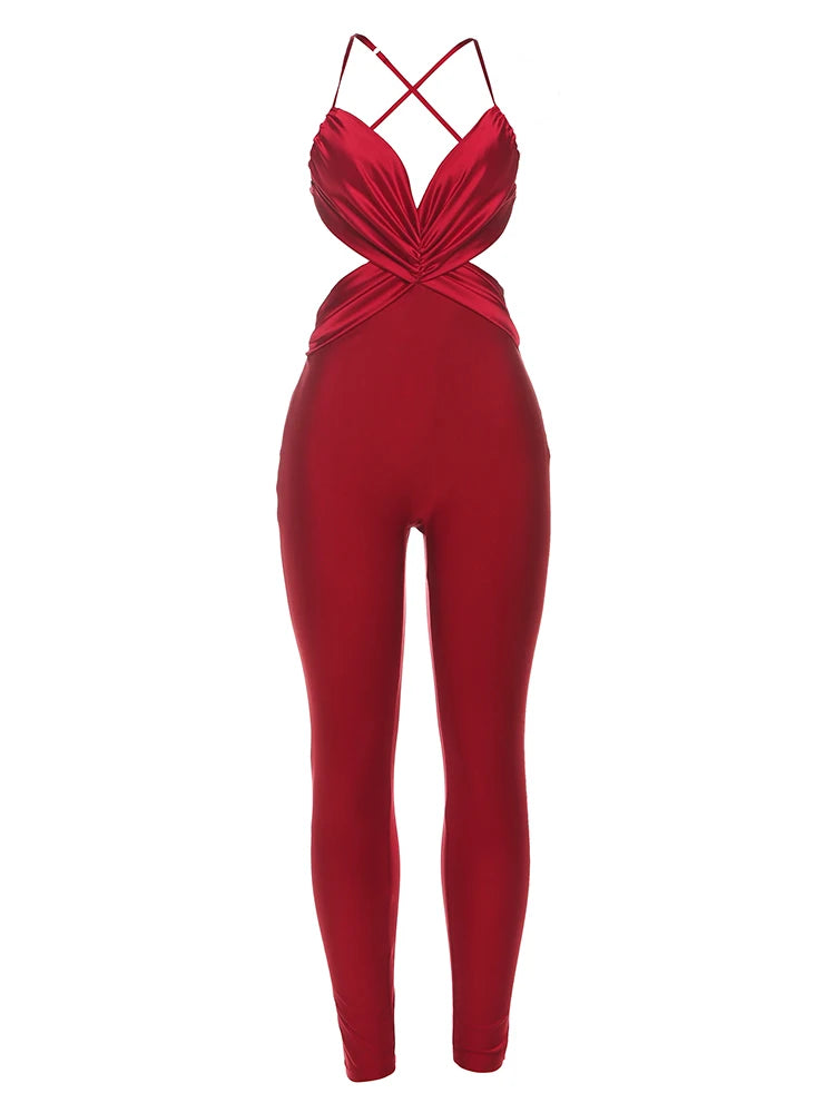 Weird Puss Sexy Backless Jumpsuit Women Sleeveless Cross Ruched Wrap Straps Midnight Coquette Workout Activity Fitness Overalls
