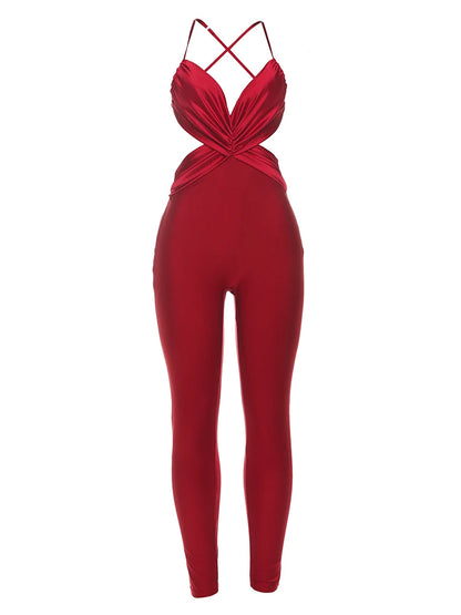 Weird Puss Sexy Backless Jumpsuit Women Sleeveless Cross Ruched Wrap Straps Midnight Coquette Workout Activity Fitness Overalls
