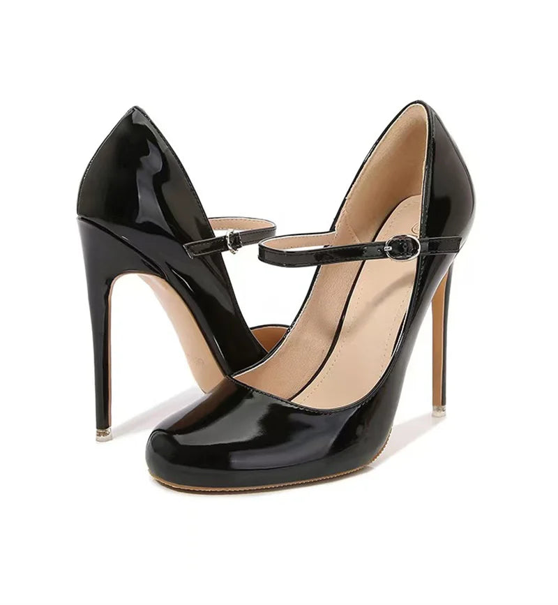 Liyke Big Size 44 45 46 Patent Leather Stiletto High Heels For Ladies Party Prom Shoe Fashion Round Toe Buckle Strap Women Pumps