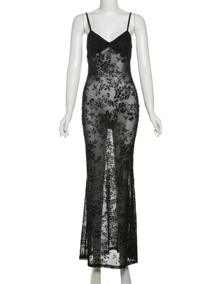 Weird Puss See Through Dress Women Backless Hollow Flower Print Patchwork Solid Sleeveless Sexy Midnight Clubwear Party Vestidos