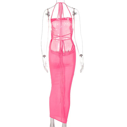 Sexy Long Shoulder Strap Open Back Backless Bodycon Maxi Dress Women Sleeveless Halter Skinny Long Dress Club Party Vestidos