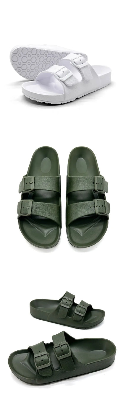 Shevalues Summer Flat Slippers For Women Men 2025 New Thick Sole Sandals With Double Buckle Fashoin Outdoor Antiskid Beach Slide