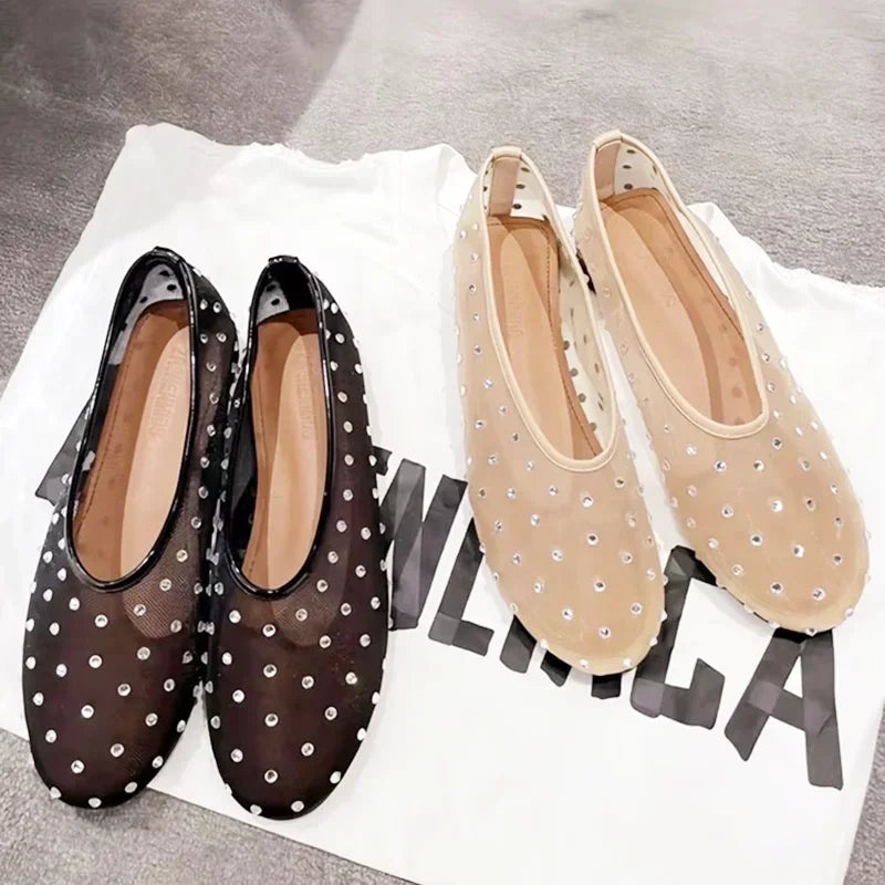Luxury Glitter Rhinestone Designer Mesh Flats Women Summer Fashion Light Breathable Mules Loafers Elegant Comfort Ballet Shoes