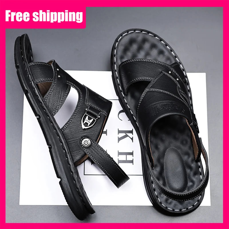 Mens Slippers 2026 New Summer Breathable Outdoor Non Slip Thick-soled Beach Shoes Leather Comfortable Casual Driving Sandals Man