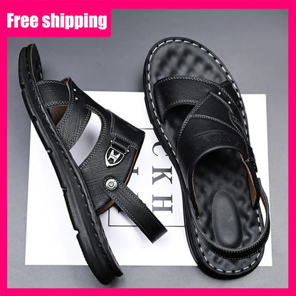 Mens Slippers 2026 New Summer Breathable Outdoor Non Slip Thick-soled Beach Shoes Leather Comfortable Casual Driving Sandals Man
