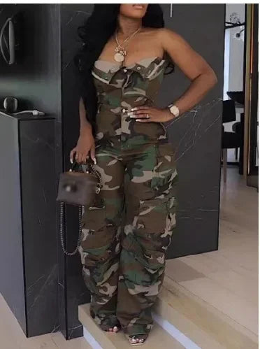 Jumpsuits Women Sexy One Piece Strapless Sleeveless Single Breasted Multiple Pockets High Waist Overalls Streetwear Trousers