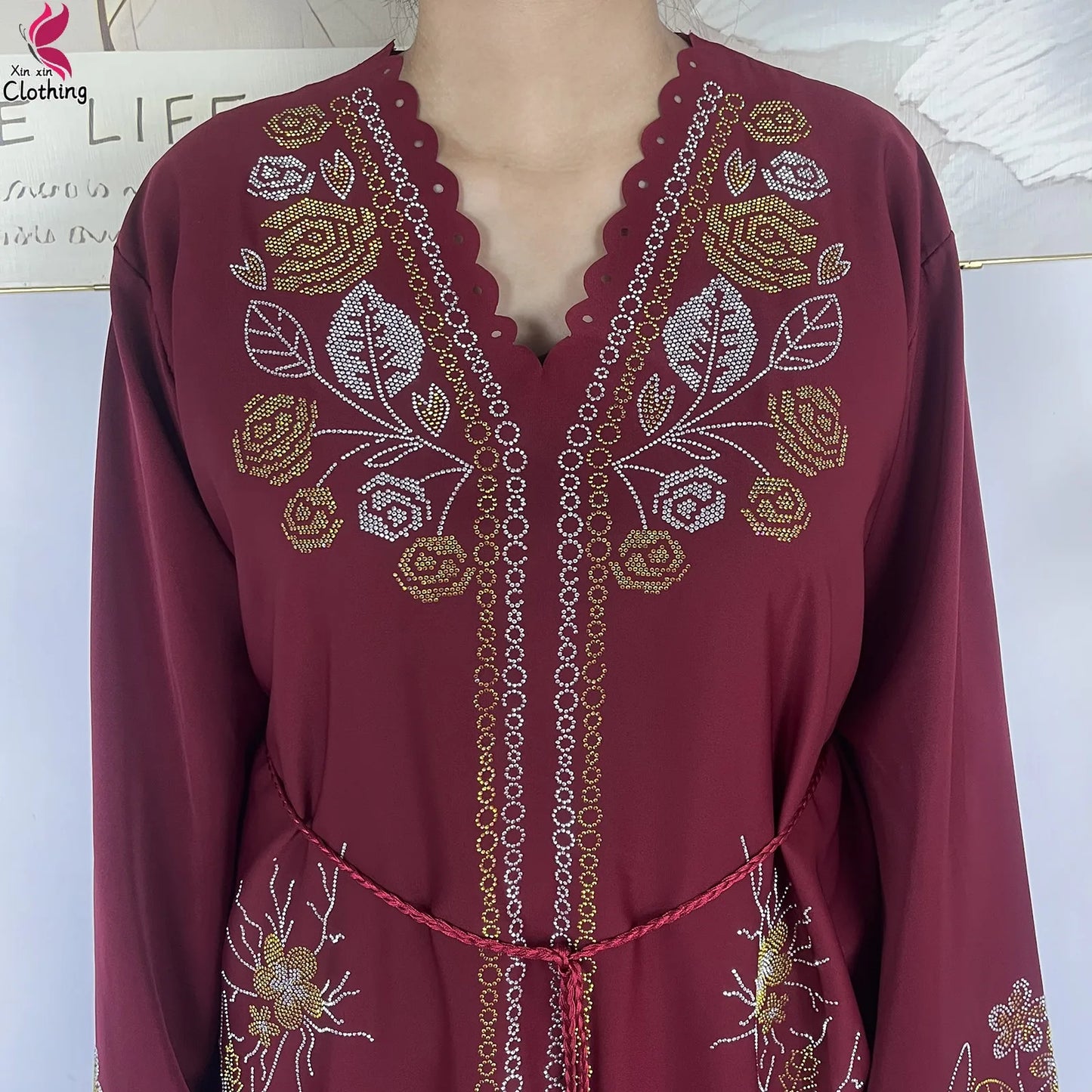 2026New Dubai Muslim Women Modest Dress Diamond Chiffon Elegant Arabic Femme Hijab African Abaya Islamic Long Sleeve Turkey Robe