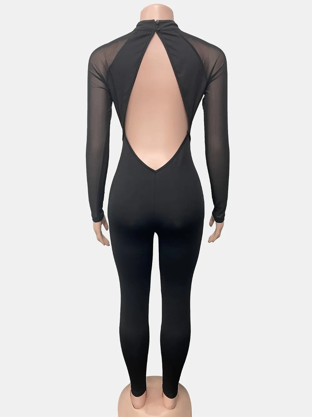 FLARORA Sexy Mesh Patchwork See Through Jumpsuits Woman Long Sleeve Hollow Out Backless Slim Jumpsuit Midnight Party Clubwear