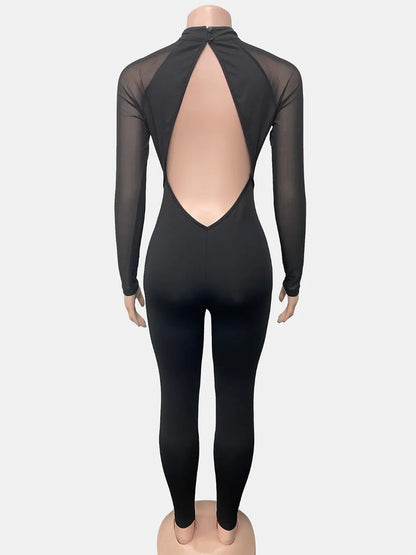 FLARORA Sexy Mesh Patchwork See Through Jumpsuits Woman Long Sleeve Hollow Out Backless Slim Jumpsuit Midnight Party Clubwear