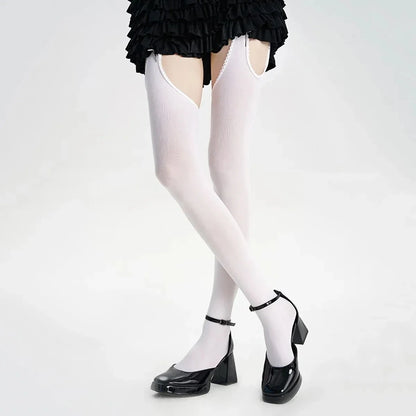 Women Suspender Wide-banded Velvet Tights Lolita Thin Thigh High Stockings with Garters Y2K JK College Style Over The Knee Socks