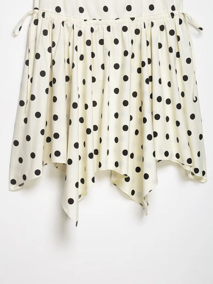Women's Vintage Polka Dot Asymmetrical Hem Skirt White Black High Waist Drawstring Flowy Casual Midi Skirt Streetwear