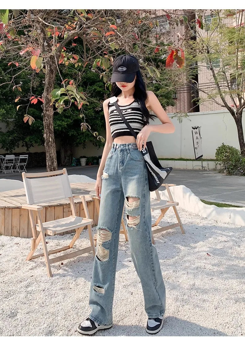 Trendy Ripped Straight Leg Jeans Women's Spring Summer High Waist Loose Wide Leg Pants Slimming Design Casual Denim Jeans