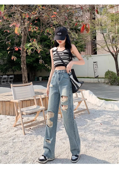 Trendy Ripped Straight Leg Jeans Women's Spring Summer High Waist Loose Wide Leg Pants Slimming Design Casual Denim Jeans