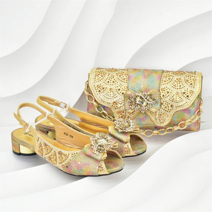 Elegant Peep Toe Low Heels Rhinestone Handbag Set for Women Bag and Shoe Woman Set Luxury Wedding Party Footwear and Accessory
