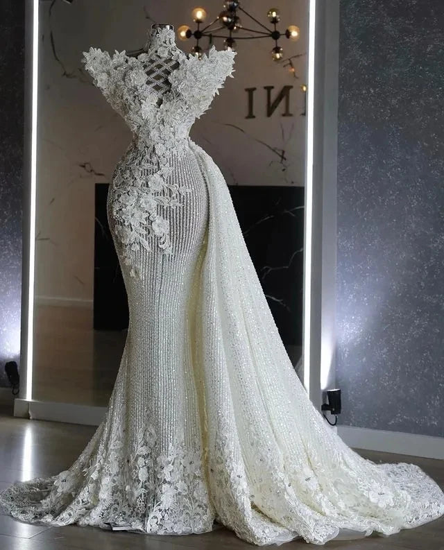 Saudi Arabia Wedding Dresses Mermaid High Collar Appliques Lace Dubai Plus Size Women Bridal Wedding Gowns Customized